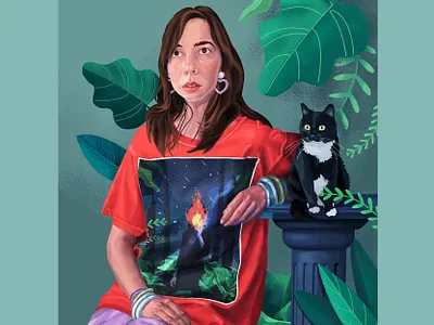 Self portrait :) bloom cat color designer face fashion girl hair hands hipster illustration jungle leaves life portrait self portrait style vector