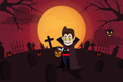 Dracula cemetery clouds halloween illustration monster moon night red trees