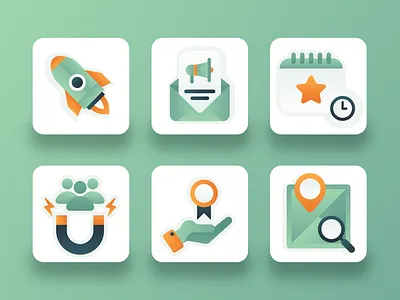 SEO Icons 2 2d calendar digital marketing flat gradient green icon icon design illustration letter magnet map marketing medal motion graphics rocket search engine optimization seo ui ux