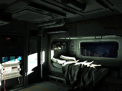 Crew Quarters 3d bed bedroom boardgame books card card game cardgame concept art digital 3d environment future futuristic game art nebula pipes sciencefiction scifi space stars