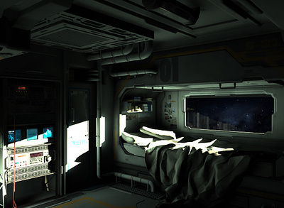 Crew Quarters 3d bed bedroom boardgame books card card game cardgame concept art digital 3d environment future futuristic game art nebula pipes sciencefiction scifi space stars