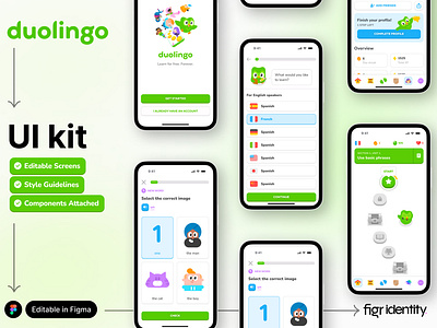 Make Duolingo UI your own chat courses dictionary edtech education elearning figma gamification goals ios kit language leaderboard learning mobileapp quiz ranking translate uiux voice