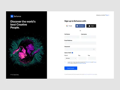 Sign up Behance account behance design system form illustraion landing page minimal register ui uiux user experience user interface web website