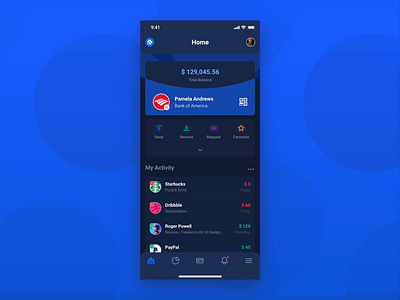 Banking App - Dark Mode activity app concept bank banking credit debit mobile mobile app money pay payment receive send