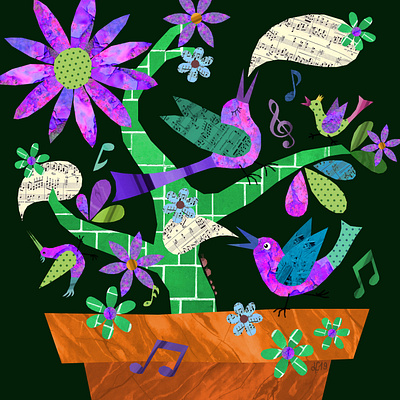 Morning Song animals birds collage flowers illustration illustration art illustration design illustrations music pot plant singing song