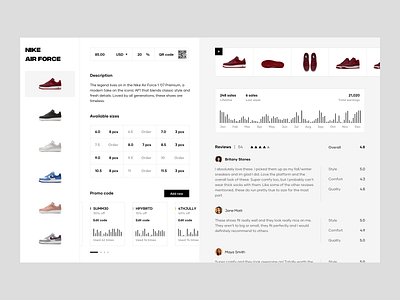 Product Description & Analytics analytics bar chart color description landing page order order fulfillment order management product page promo code reviews shoes sizes ui design ux design web