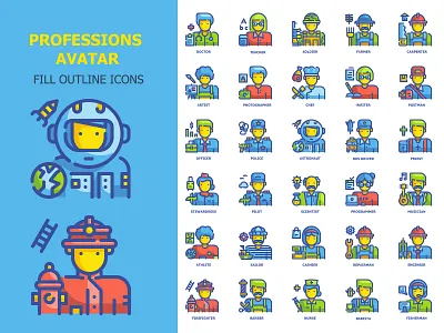 Professions Avatar 30 Fill Outline icons avatar color design flat icon illustration job line outline profession profile vector