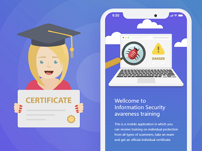 Information Security Awareness Training - Mobile App app application blue bug danger design illustration mobile app ui violet woman