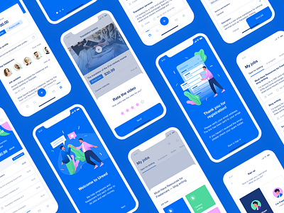 Screens for a global writing freelancing platform app blue character chat courses description design employer flat freelance freelancer illustration jobs mentalstack mobile onboarding system ui ux welcome