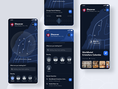 Nearby AR App UI android app ar city dark ui design direction explore gps home hotel icon illustraion ios map navigate scale search ui ux