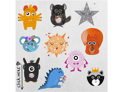 Set of cute characters animals baby dinosaur illustration monster star sun