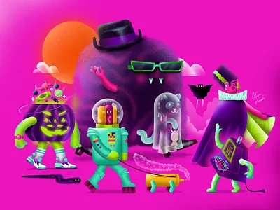 Halloween astronaut bat cat hairy halloween illustration monsters scaty vampire