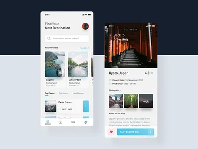 Trip Finder - UI Snippet app booking brigh concept design destination kyoto travel travel agency travel app traveling trip ui ux white