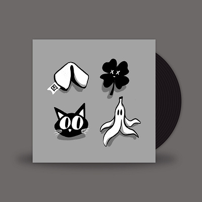 September // Hello Violet - Bad Luck 2d bad luck banana peel black cat clover fortune cookie illustration minimal monochrome music procreate vinyl vinylart