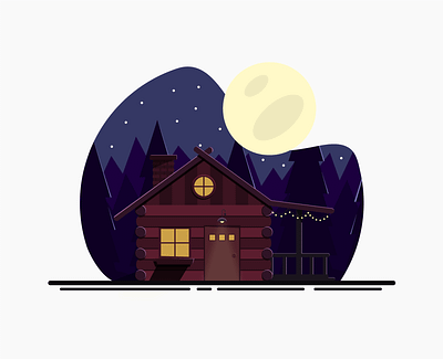 Cozy Cabin in the Woods cabin highlights illustration illustrator moon night rustic