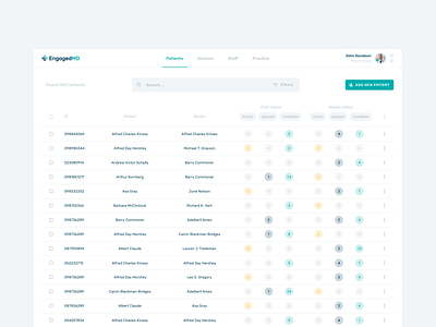 EngagedMD, patient list app clean clinical doctor flat interface light list minimal patient simple table tables ui uiux ux web webdesign website white