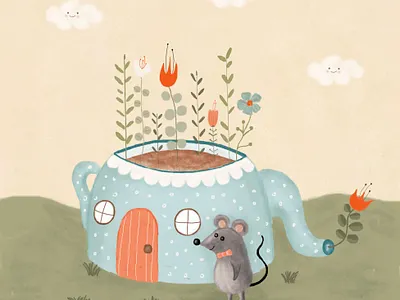 mouse teapot house animal illustration autumn blue childrens illustration cloud cozy fall flowers green home illustration kids illustration mouse polkadot red teapot