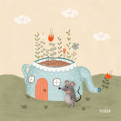 mouse teapot house animal illustration autumn blue childrens illustration cloud cozy fall flowers green home illustration kids illustration mouse polkadot red teapot