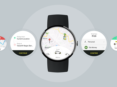 Ola app smart watch app ui concept android watch app apple watch design cab booking concept design iot ola smart watch ui ux watch app watch interface watch ui