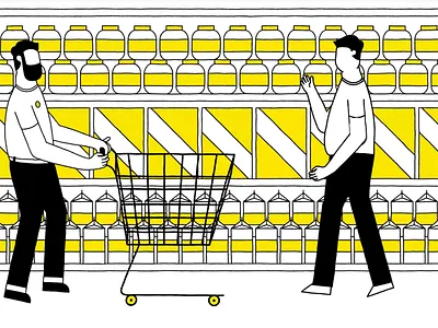 Almost Happy Shopping animation black cereal design explainer explainer video graphic design grocery illustration illustrations illustrator milk minimalist minimalistic pickles shop trolley vector yellow