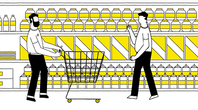 Almost Happy Shopping animation black cereal design explainer explainer video graphic design grocery illustration illustrations illustrator milk minimalist minimalistic pickles shop trolley vector yellow