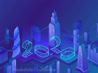 New year city illustration 2020 3d blue city design futuristic illustration isometric neon numbers skyscraper vector violet