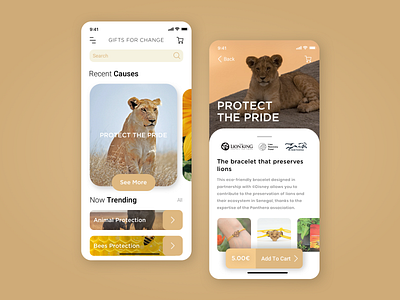 Concept App - Gifts For Change app appdesign brand gold lion mobile app mobile ui ui uidesign ux