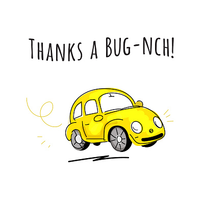 VW Beetle car card caricature hippie illustration pun thank you card vector vw beetle vw bug yellow