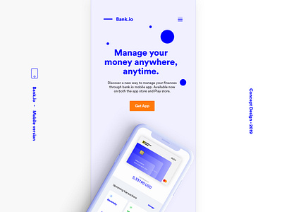 Bank io Mobile Version app bank banking banking app clean concept design finance minimal mobile mobile app mobile version ui uiux userexperience userinterface ux web website website concept