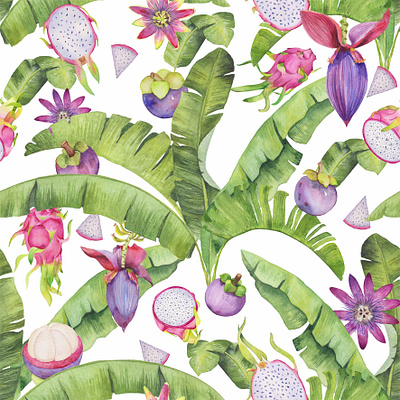 Watercolor pattern with banana leaves, passionflower and fruits branding design hand drawn illustration pattern tropical watercolor