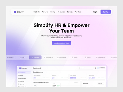 HR SaaS Hero Section UI – Crewsy clean ui layout conversion focused design figma ui design gradient background ui hero section design hr landing page hr management website hr saas ui hr software ui landing page ui minimalist ux modern web design neumorphism ui saas website design