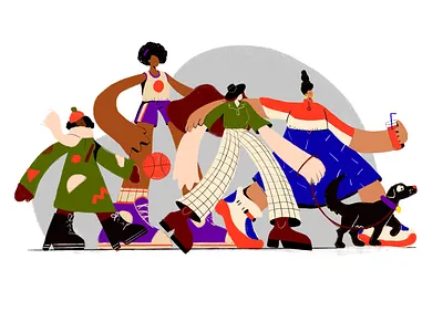 Girls walking blue chalk character flat grain illustration orange organic procreate simple