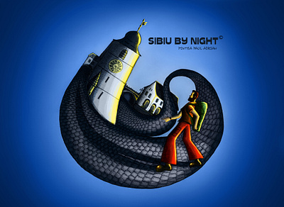 Sibiu by night backpack blue sky bricks clock dawn moonlight night old town pencil tower traveller watercolor