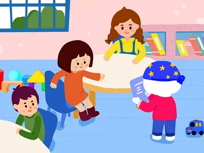 Boldly reading the text blocks book class classmate classroom colorful stool table