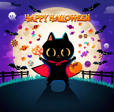 Getting Ready! 👻🎃🎩 blackcat candy cat character cute drawing dribbbleweeklywarmup halloween halloween party illustration moon photoshop trickortreat