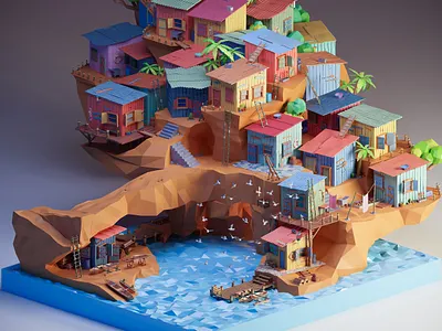 Fishing village - low poly 3d colorful colors colorscheme illustration low poly low poly art lowpoly lowpolyart render water
