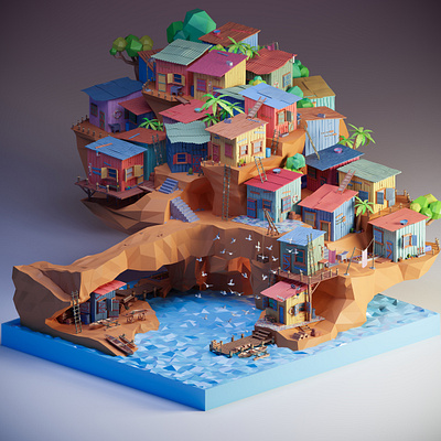 Fishing village - low poly 3d colorful colors colorscheme illustration low poly low poly art lowpoly lowpolyart render water