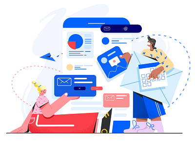 Information blue design girl illustration information office partner time ui ux web yellow