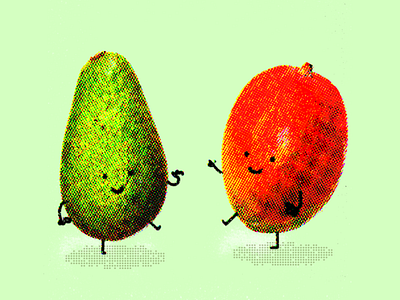 Fresh Morning avocado boogie character cute dance energy fresh fruits fun halftone happiness health illustration joy mango morning smile vegan