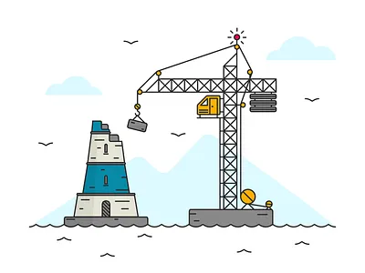 Lighthouse Under Construction adobe illustrator birds blue building crane illustration lighthouse under construction vector waves