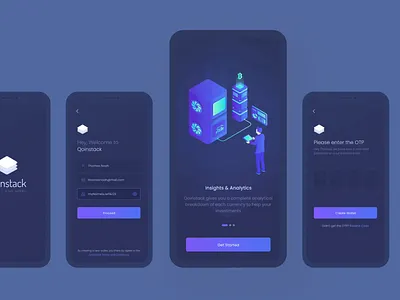 Qoinstack - Crypto Wallet Onboarding Screens animation bitcoin blockchain crypto crypto exchange crypto wallet cryptocurrency dark ui exchange finance illustraion interaction ios app isometric isometric illustration mobile onboarding security sell vector