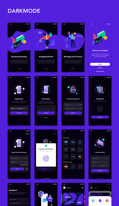 MOLLET - Wallet app UI Kit bank bank card banking banking app booking booking app clean ui darkmode finance finance app illustrator log in mobile app sign in ui design ui kit ui ux user interface wallet wallet app