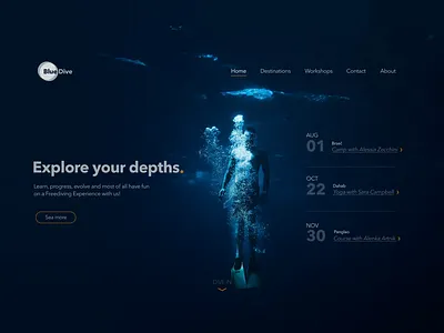Freediving Homepage blue dark feediving sport ui water web web design