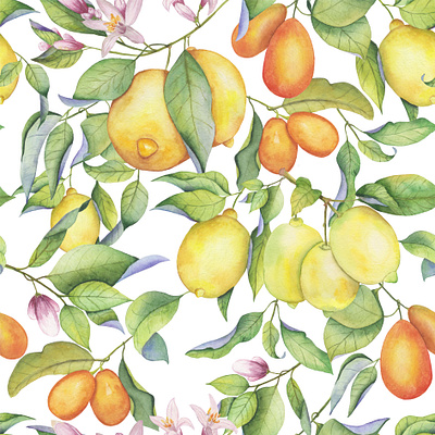 Fresh flowers and citruses on branches design hand drawn illustration pattern watercolor