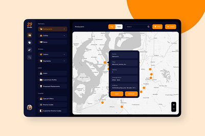 29Foodie Restaurant Admin UI admin create dark dashboard edit filter food manage map restaurent search segment table ui ux view