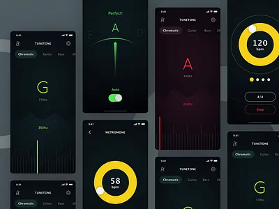 TUNETONE Tuner App app dark design digital guitar music tuner ui ukulele viola violin