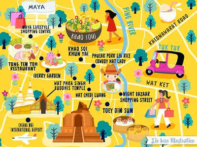 Chiang Mai Thailand Map Illustration chiang mai childrens book city illustration editorial illustration flat food icon illustration illustration map map art map design map illustration travel illustration vector
