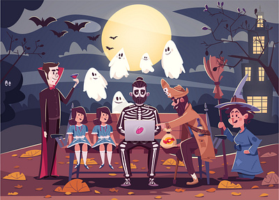 Spooky Night | IVN art bat blood cartoon character design funny ghost halloween illustration pirate spooky transylvania twins vampire vector witch