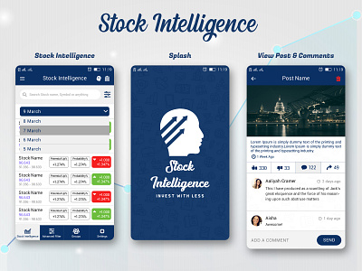 Stock Intelligence App UI app design branding comments design flat graphic design icon illustration illustrator photoshop post splash screen stock market ui ux vector