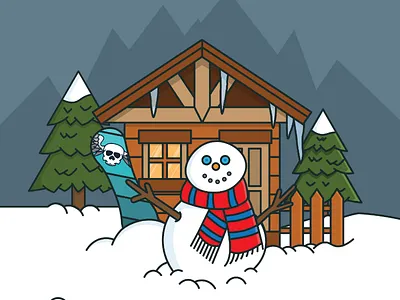 Snowboard or snowman? mountains scene ski lodge snowboard snowman trees vector vector art vector scene winter